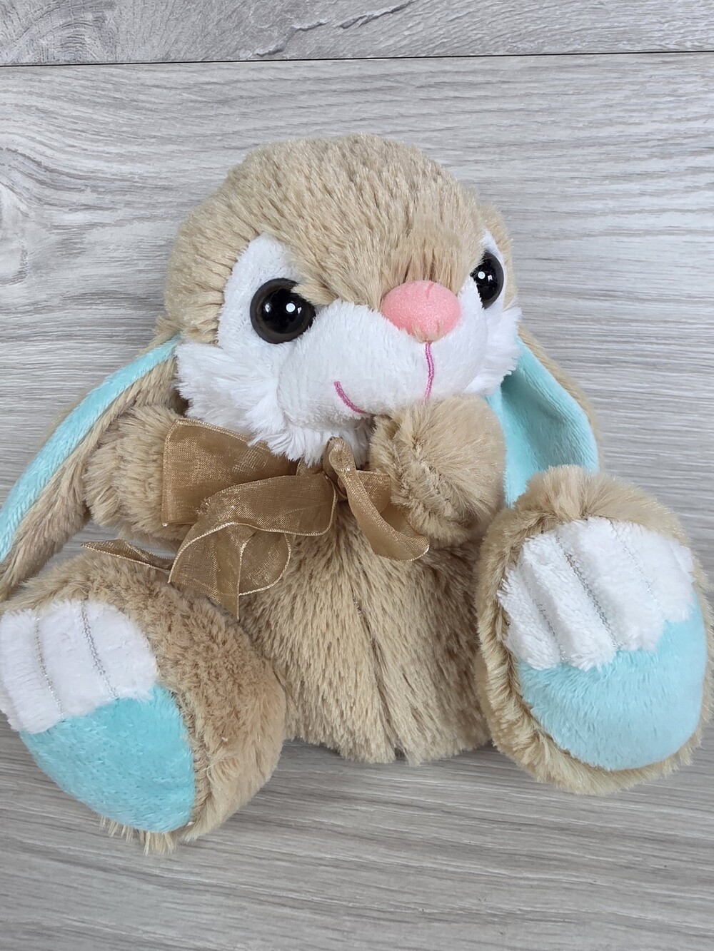 Plush Rabbit Stuffed Animal w Sheer Ribbon Bow, Light Brown and White, 9" SU17
